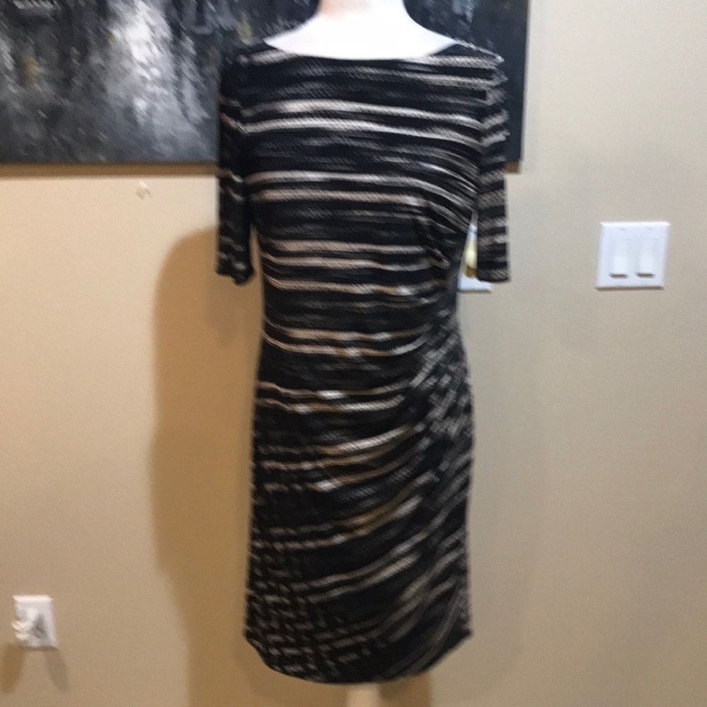 Anne Klein Black/White/Beige Cinched Fully Lined Midi Dress-Size 10